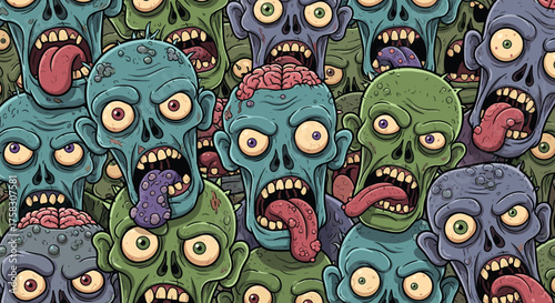 Zombie Horde Outbreak Illustration, Cartoon Undead Crowd Roaming, Halloween Horror Concept, Spooky Themed Design, Fantasy Apocalypse, Grotesque Monstrosity, Animated Ghoul Group, Vector Background For