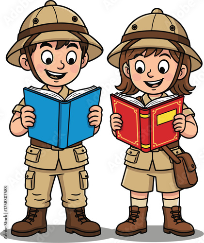Enthusiastic Young Explorers Reading Adventure Books in Safari Outfits, Discovering Knowledge and Learning about Nature in Educational Cartoon Style, Perfect for Children's Books, School Projects, Gra