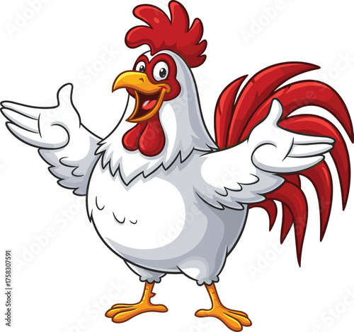 Happy Cartoon Rooster Welcoming with Open Wings on White Background for Children's Education and Farm Animal Themed Illustrations, Mascot Character in Advertising for Restaurant and Food Industry, Ani