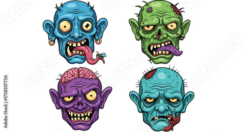 Cartoon Zombie Heads with Piercings and Brains in Varied Colors for Halloween Design Element or Spooky Character Illustration, Horror Concept, Undead Graphic Art for Creepy Presentation or Macabre The