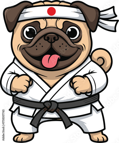 Cartoon Pug Dog Practicing Karate with Determination in Traditional Dojo Setting, Illustration for Martial Arts Promotion, Animated Mascot Design, Sporty Graphic for Kids Education, Self-Defense Train