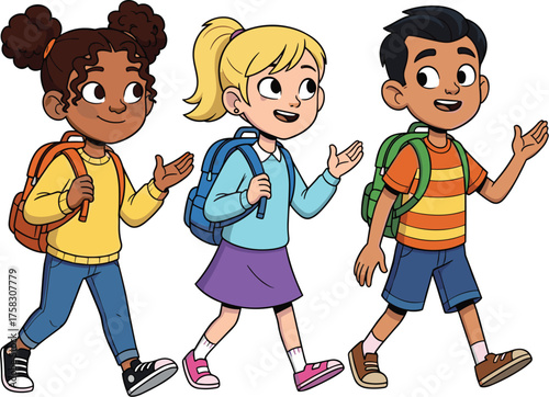 Cheerful Elementary Students Walking to School Together, Carrying Backpacks on Sunny Morning, Education Illustration for Children's Book, Back-to-School, Diverse Classmates, Friendship, and Learning,