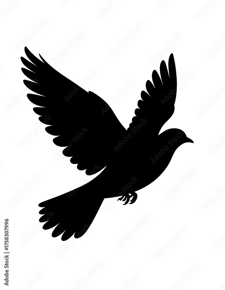Fototapeta premium Black silhouette of a bird in flight against a white background, showcasing the shape of wings and body. It appears to be a dove