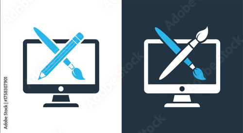 Vector icon showing crossed brushes over computer monitor represents digital art or design cancellation -  editable modern style icon.