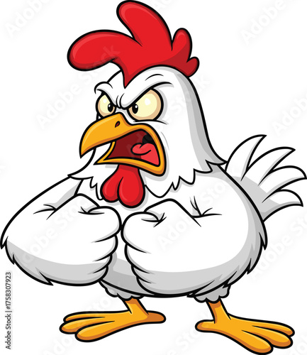 Angry Cartoon Chicken Ready for a Fight: Aggressive Poultry Clenched Fists Illustration, Farm Animal Confrontation, Comic Style Mascot, Character Design, Animalistic Rage, Vector Graphics, Intense Exp