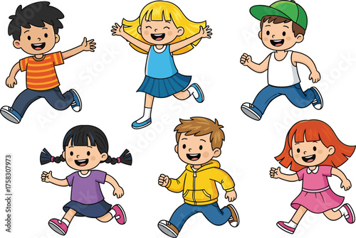 Enthusiastic Children Running and Playing Outdoors with Joyful Energy in a Cheerful and Energetic Mood, Kids Enjoying Activity in Kindergarten, School, Recreation, Playground, Friends, Teamwork, Happi