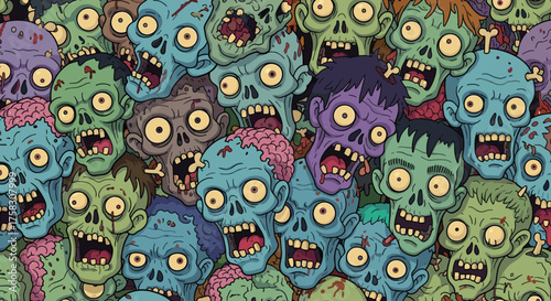 Cartoon Zombies Aggressively Overlapping in a Horror Landscape with Rotting Flesh and Exposed Brains, Halloween Illustration for Backgrounds, Horror Game Promotions, Spooky Designs, Graphic Novels, Fa