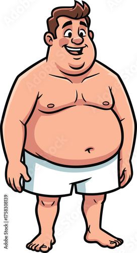 Cartoon Overweight Man Smiling Confidently in Underwear Standing Against White Background, Embodying Body Positivity and Self-Acceptance for Healthcare and Lifestyle Advertising, Bold Illustration Sty
