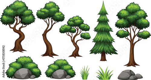 Cartoon Forest Elements Isolated on White Background: Lush Green Trees, Bushes, Rocks, and Grass for Children's Illustrations and Nature-Themed Designs, Ideal for Educational Resources, Storytelling,