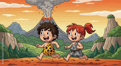 Cartoon Cave Kids Running from Volcano Eruption in Prehistoric Landscape Illustration, Escaping Disaster for Children's Education and Storytelling, Ancient World Adventure, History Learning, Cartoonis