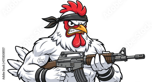 Aggressive Rooster Warrior Ready for Action: Cartoon Chicken Character Holding Assault Rifle, Angry Stance in Fowl Military Operation Mascot Concept for Gaming, Animation, Graphic Design & Illustratio