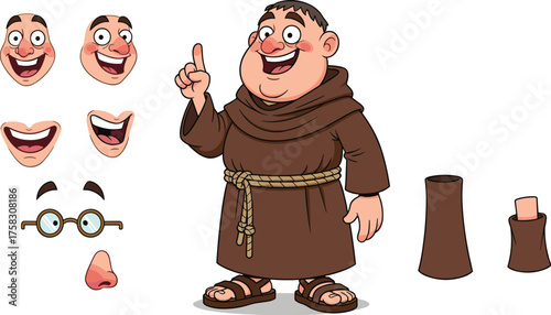 Happy Cartoon Monk Character Standing with Accessories Posing with Idea Hand Gesture on Plain Background, Religious Leader Illustration for Animation Projects, Education, Storytelling, Traditional Val