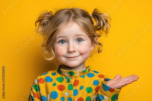 Smiling little girl with pigtails in colorful polka dot sweater making playful gesture on bright yellow background Generative AI