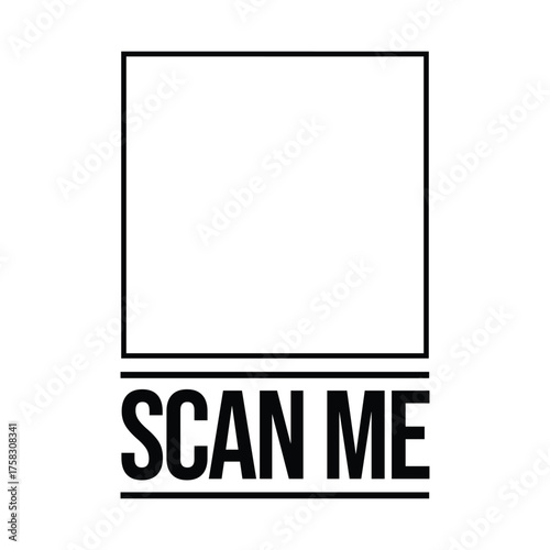Black and white "SCAN ME" vector button/sticker. Rounded rectangle with an empty square placeholder for a QR code on the left and "SCAN ME" text on the right. Minimalist CTA graphic.