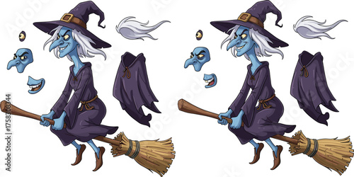 Halloween Witch Flying on Broomstick with Detachable Parts for Animation, Spooky Cartoon Character, Fantasy Creature Concept for Children's Illustration, Graphic Design and Fairytale Illustration, Dar