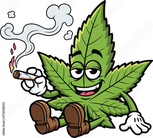 Cartoon Marijuana Leaf Character Smoking Joint in Relaxed Pose on White Background, Representing Medical Cannabis and Legalization, Creative Illustration for Graphic Design Projects, Mascot, Cannabis