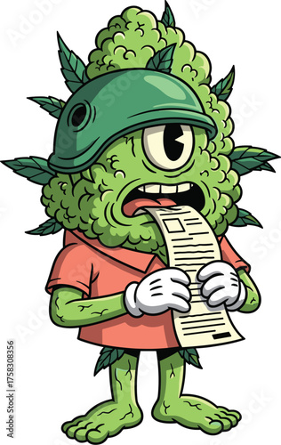 Humorous Cartoon Weed Character Eating Legal Document in Retro Style Illustration with Green Helmet and Gloves, Referencing Cannabis Industry Regulations and Compliance, Used for Advertising, Marketin