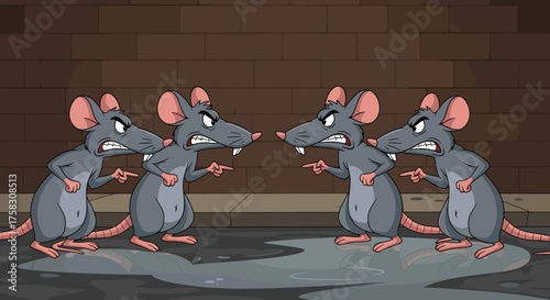 Cartoon Rats Arguing in an Urban Alleyway Conflict Resolution Parable Depicting Workplace Dispute with Aggressive Mice Pointing Fingers During a Heated Debate on a Wet Street, Animosity, Aggression, a