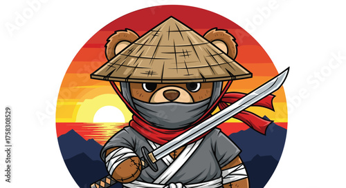 Cartoon Ninja Bear with Katana Sword on Mountain Sunset Landscape Illustration – Martial Arts Animal Warrior Character Mascot, Training for Adventure, Fantasy, Graphic Design, Decorative Art, Kids Ill