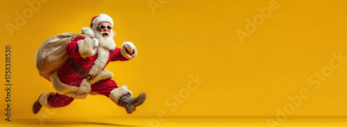 Energetic Santa Claus wearing sunglasses jumping joyfully with a sack of gifts against vibrant yellow background Generative AI
