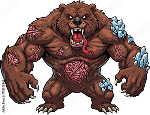 Mutated Grizzly Bear Monster Rampaging with Vicious Anger, Crystal Growths, Undead Zombie Transformation in a Fantasy Horror Setting, Perfect for Gaming, Halloween, Mascot, & Graphic Novel Design, Int