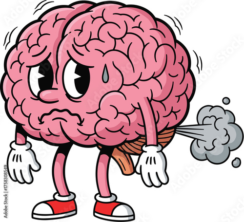 Sad Brain Character Farting with Anxiety in Cartoon Style on White Background for Mental Health Awareness and Creative Illustration Design Projects, Funny Educational Graphic, Comic Relief, Stress and