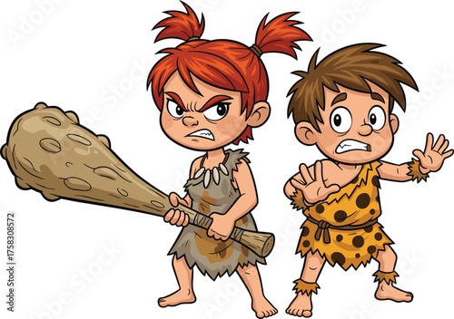 Cartoon Cave Kids Defending Territory with Stone Age Club, Illustrating Prehistoric Life in Ancient Environment, Demonstrating Aggression and Survival Skills for Children's Education and Historical Pr