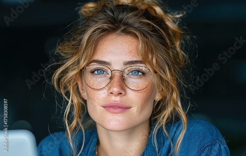 Confident young woman with freckles and glasses looking at camera in casual denim shirt against dark background Generative AI