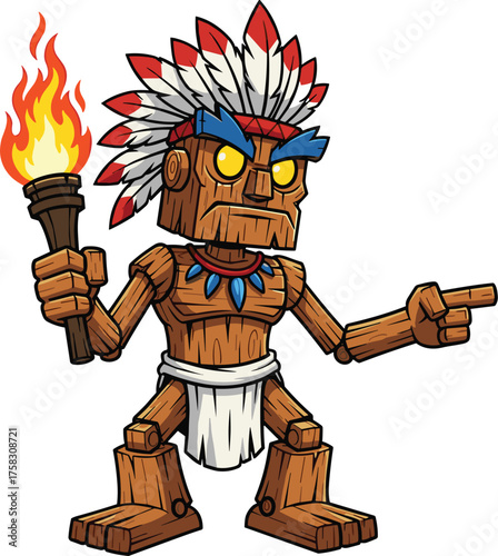 Wooden Totem Guiding with a Fiery Torch, Symbolizing Adventure in an Untamed Jungle, Perfect for Fantasy Game Marketing and Tribal Illustration, a Cartoon Character Leading Exploration with Glowing Fi