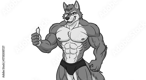 Muscular Anthropomorphic Wolf Giving Thumbs Up on White Backdrop Illustration for Mascot, Graphic Design or T-Shirt Print Project, Representing Success, Approval and Optimism in a Modern Business or L