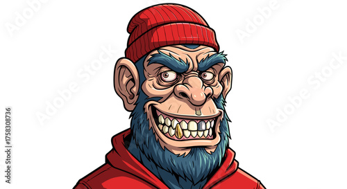 Cartoonish Ape Character Grinning in Urban Setting, Sporting a Red Beanie and Hoodie, Embodying Street Style and Edgy Attitude for Graphic Design Projects, Mascot Designs, T-Shirt Illustrations, Moder