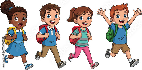 Enthusiastic School Children Running with Backpacks on White Background: Happy Students Heading to School, Education, Cartoon Style Illustration, Elementary Pupils, Kids, Excitement, Learning, Childho