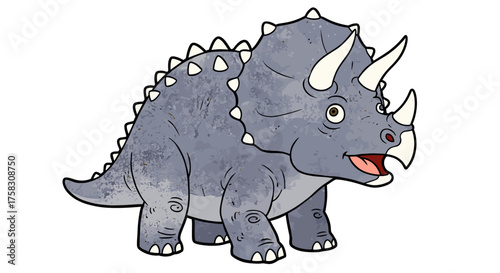 Cartoon Triceratops Dinosaur Walking with Spikes and Horns on White Background, Prehistoric Animal Illustration for Children's Education, Paleontology, Mascot Character, Graphic Design, Jurassic, Crea