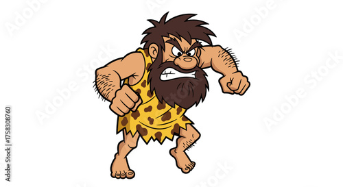 Angry Caveman Cartoon Character Ready to Fight and Defend Territory in Prehistoric Wilderness, Demonstrating Aggression and Primitive Instincts for Historical Education, Funny Animation, and Wild Masc