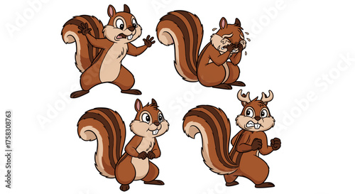 Cartoon Chipmunks Expressing Emotions: Scared, Sad, Happy, and Angry, Standing Against White Backdrop, Illustration for Children's Storybooks, Animated Movies, Educational Material, Vector Graphics, F