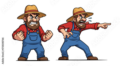Cartoon Angry Farmer Characters Expressing Frustration on the Farm, Agricultural Outrage,  Rural Conflict Illustration for Presentations,  Websites, Angry Reaction, Outraged Villager, Farming Dispute,