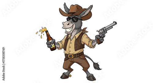 Cartoon Donkey Cowboy Celebrates with Beer in Western Saloon: Humorous Illustration for Party Invitations, Entertainment, Wild West Theme, and Beverage Promotion with Gun, Sheriff Character Mascot Des