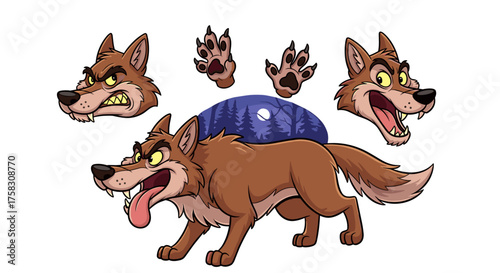 Cartoon Wolf Character Design with Various Expressions in Spooky Forest Scene - Illustration for Children's Books, Halloween Projects, Animation, and Mascot Designs Featuring Wildlife, Fables, and Fan