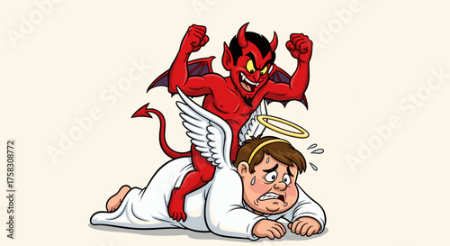 Cartoon Devil Riding Angel Back in Inner Conflict Depiction, Illustrating Moral Dilemma, Temptation and Struggle, Representing Good Versus Evil in Humorous Style, Applicable to Religion, Psychology, B