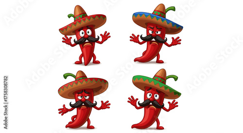 Cartoon Chili Peppers with Sombreros Expressing a Range of Emotions in Colorful Illustration Style, Perfect for Mexican Food Promotion and Restaurant Marketing, Spice, Culture, Traditional Celebration