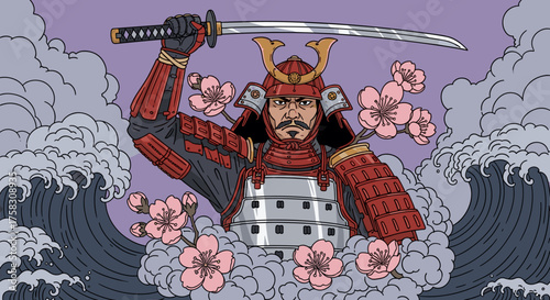 Noble Samurai Warrior Holds Katana Amidst Crashing Ocean Waves & Cherry Blossoms - Japanese Bushido Martial Arts Tradition, Honor & Discipline - Ancient Culture Fine Art Illustration for Wall Art, Mar