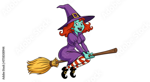 Whimsical Witch Flying on Broomstick Illustration in Cartoon Style on White Background for Halloween Celebration, Fantasy Graphics, Education, and Children's Storybooks, Promoting Imagination and Magi
