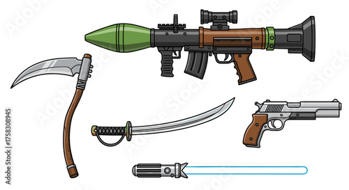 Cartoon Weapons Collection Illustration: Medieval Scythe, Futuristic Energy Sword, Grenade Launcher, Curved Saber, and Modern Pistol, a set of diverse armaments for fantasy warfare, strategy game desi