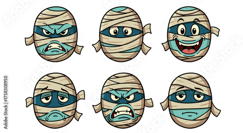 Cartoon Mummy Characters Expressing Emotions for Halloween Graphic Design: Spooky Monster Collection with Angry, Sad, Happy, and Surprised Expressions for Holiday Events, Kids' Party Invitations, and