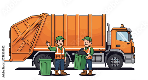 Dedicated Sanitation Workers Collect Waste with Garbage Truck in Urban Environment, Promoting Environmental Sustainability and Public Health Services, Cartoon Style Illustration for Educational Projec