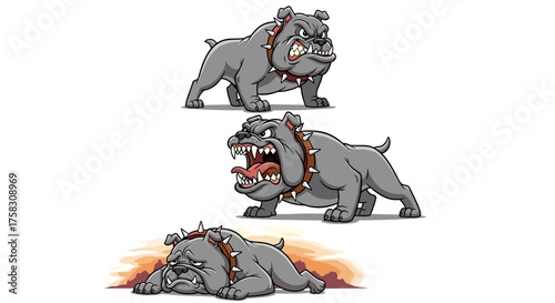 Cartoon Bulldog Evolution: From Aggressive Grrr to Tired Nap Time - Graphic Illustration for Mascot Design, Animated Characters, Storytelling, Gaming, and Creative Marketing Projects (Gray Scale, Spik
