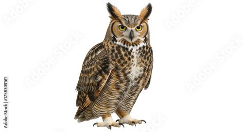Isolated Great Horned Owl bird facing forward in studio setting with feathers and talons