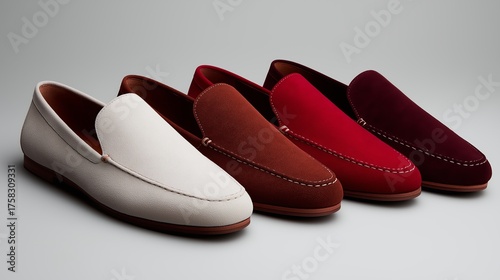 Stylish loafers displayed in a row with varied colors and materials