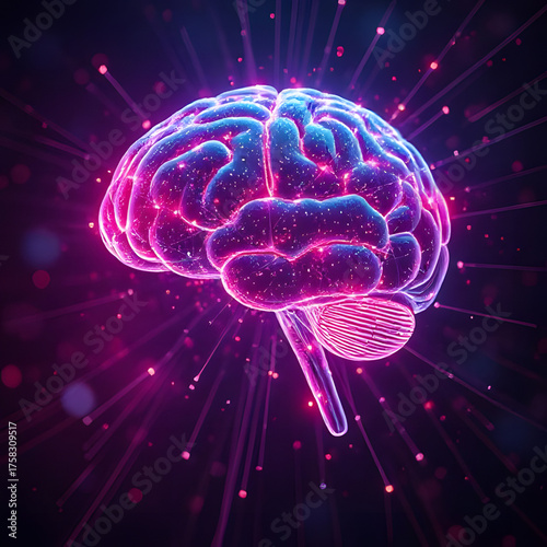 AI brain hologram with digital particles and neon light