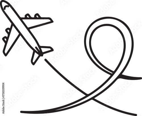 Minimalist Outline Illustration of an Airplane Flying Along a Looping Travel Path